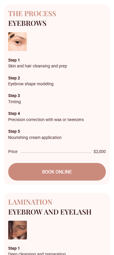 The pricing for eyebrows services on a makeup artist page made on Taplink