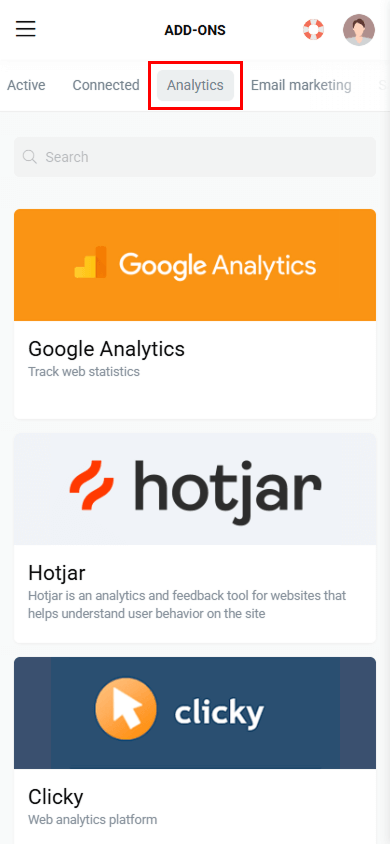 The Analytics tab highlighted in red on the Add-ons page