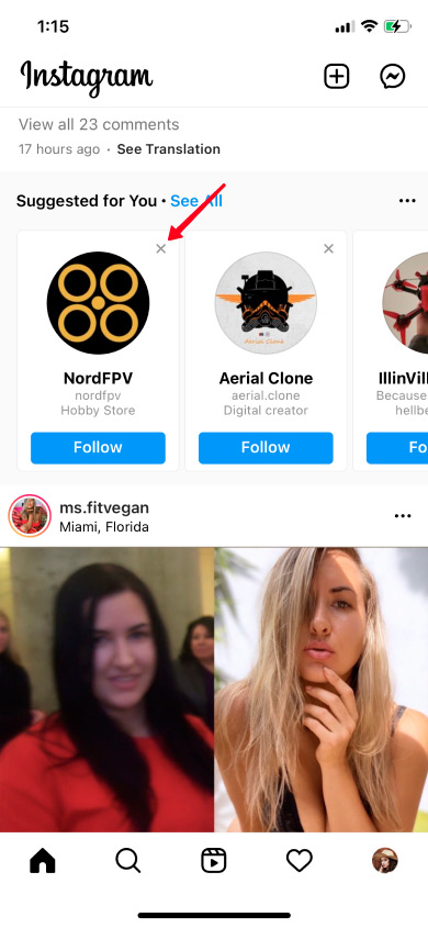 Highlighted cross near a suggested Instagram account