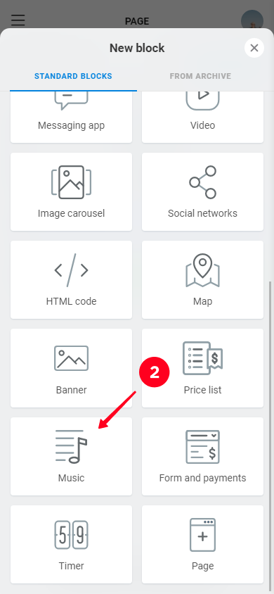 Selecting Music on the list of Taplink blocks