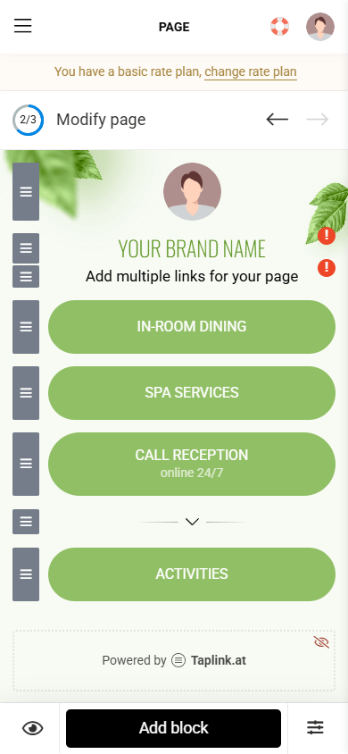 Interface of the Taplink editor of the page with multiple links