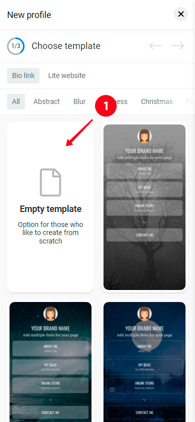 Choosing Empty template for creating a page on Taplink from scratch