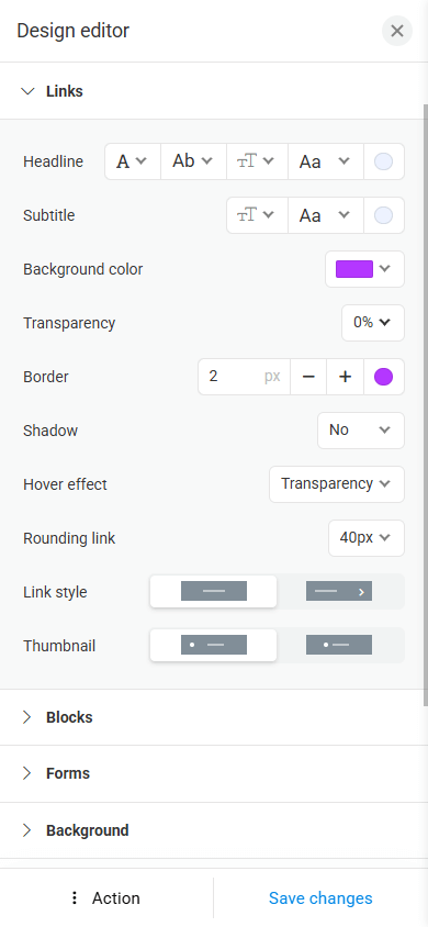 Available link settings in the Taplink link in bio page builder