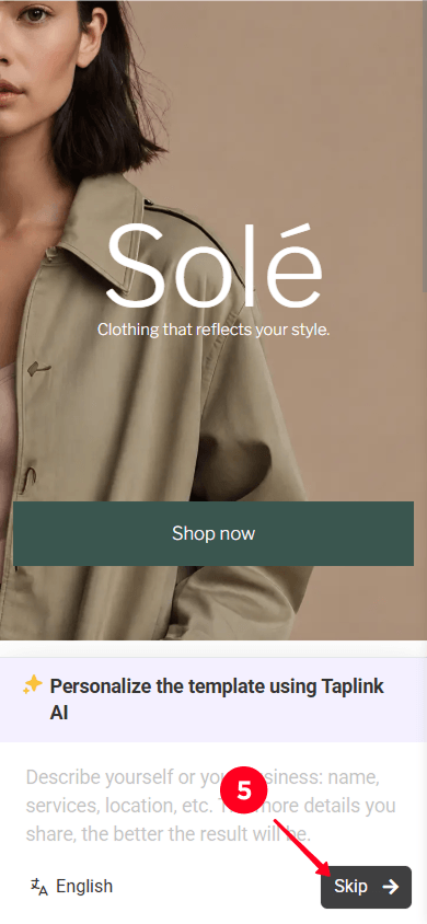 Tapping Skip to use the clothing website template in Taplink