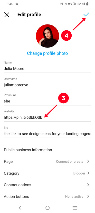 Adding a link in Instagram profile settings