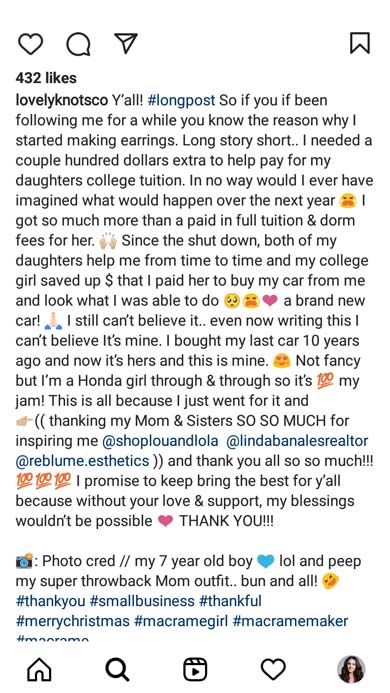 Storytelling post caption on Instagram
