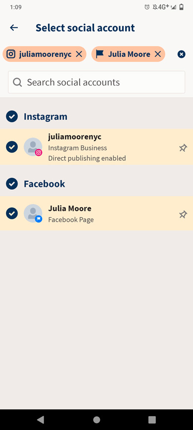 Instagram and Facebook accounts connected to the Hootsuite account in the app