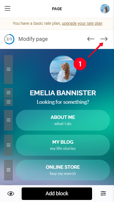 Going to the publishing menu in the Taplink page editor