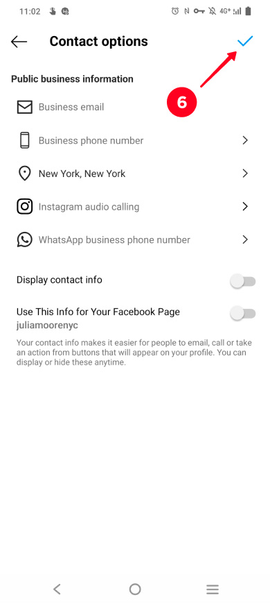 Saving changes in the Contact options settings on Instagram
