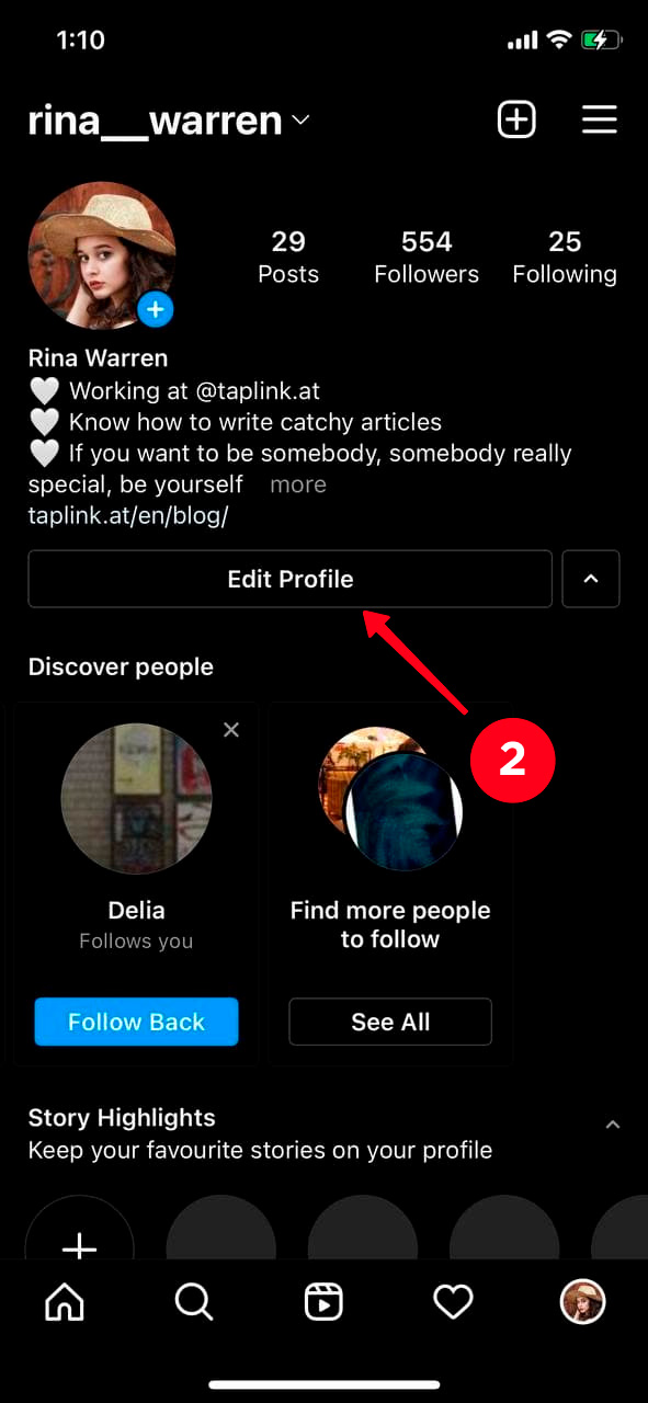 Tapping Edit profile on an Instagram page on a phone