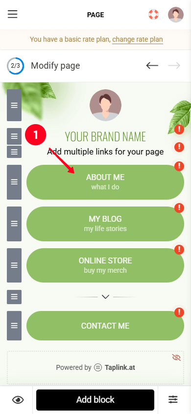Selecting a button in the Taplink builder of a page with multiple links