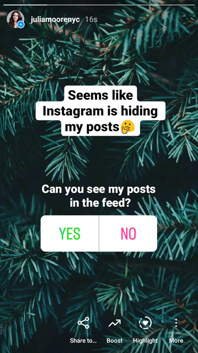 Instagram story with a question if followers can see the user’s posts in the feed