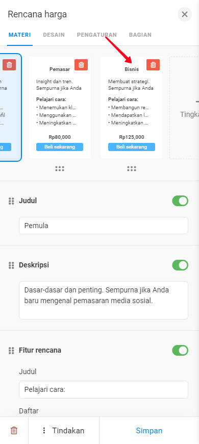 Mengetuk Rencana harga di pengaturan blok