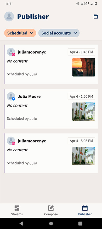 Scheduled Instagram posts in the Hootsuite app
