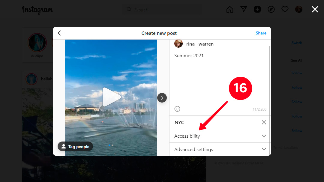 Tapping the accessibility settings in the post editing menu on Instagram