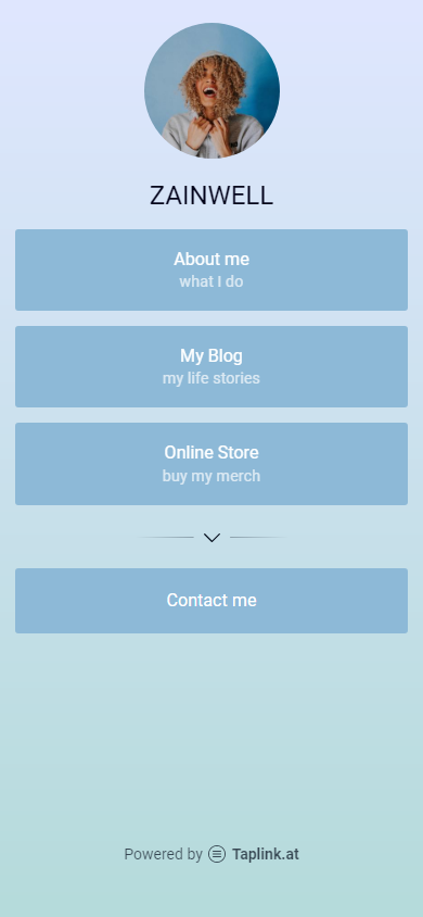 About me, blog, store links on a bloggers Taplink page