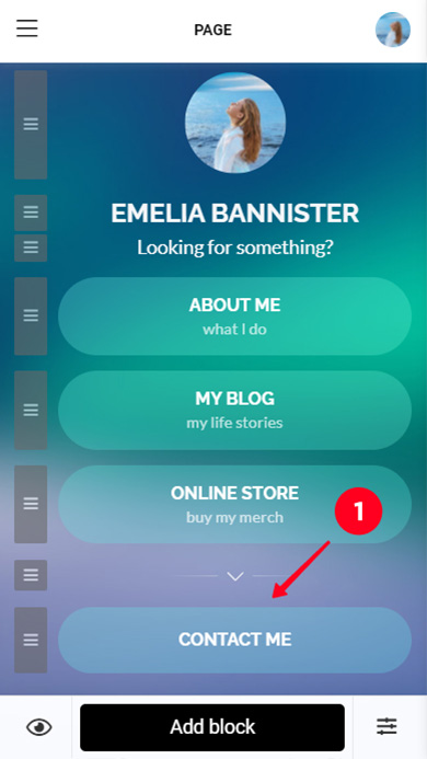 Tapping a Link block in the Taplink page editor