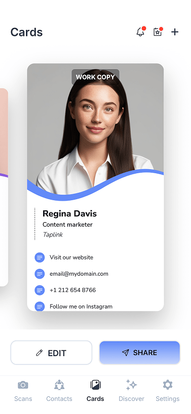 Digital business card preview in HiHello