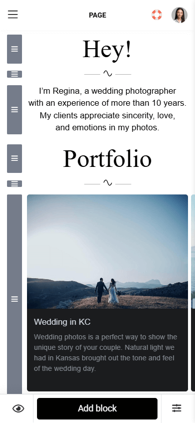 A page editor interface in the Taplink website builder