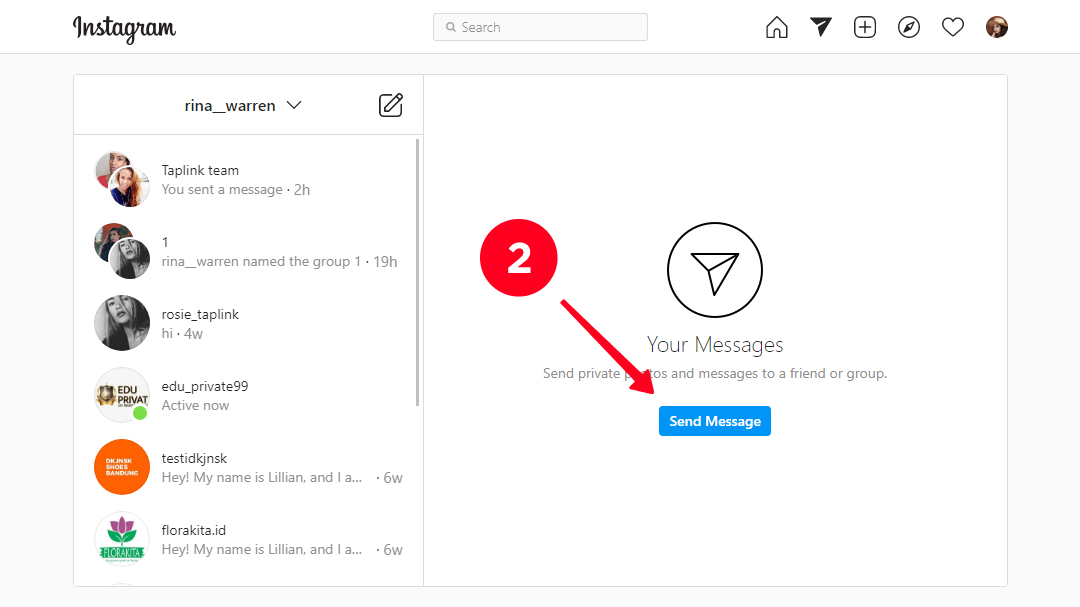 Tapping Send Message in the Instagram Direct messages on a desktop