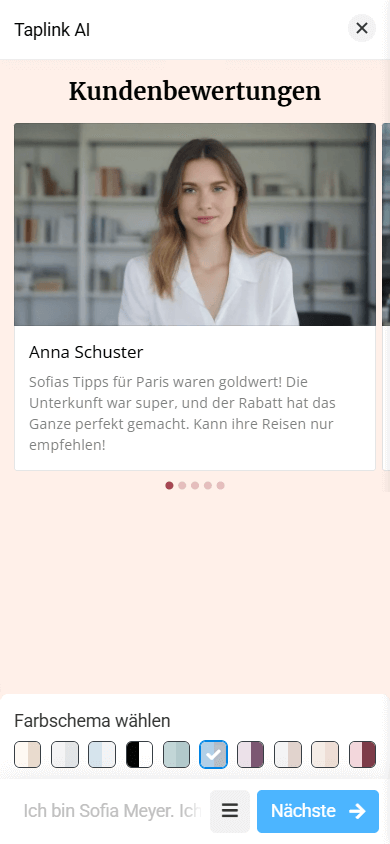 Ein Layout des Abschnitts Bewertungen mit einem großen Kundenfoto, Namen und der Bewertung