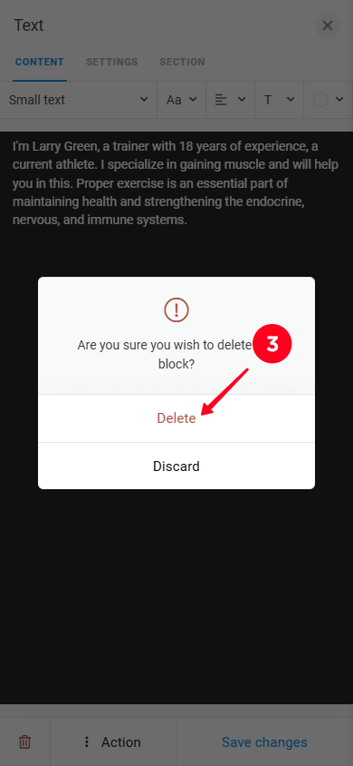 Selecting the Delete button in the text block customization window on Taplink
