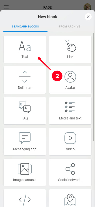 Selezionare Testo nella lista dei blocchi Taplink