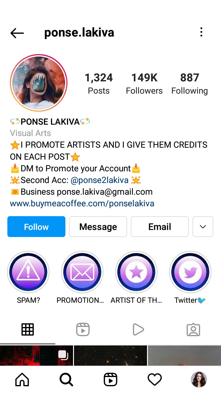 Artist’s Instagram page with a creative profile photo
