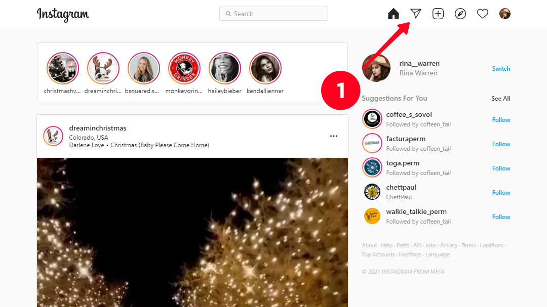 Tapping the paper plane in the Instagram home page on a computer