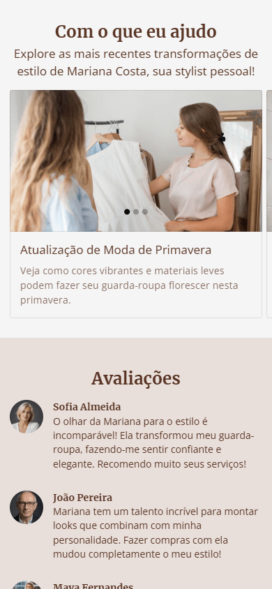 Parte da página gerada pelo Taplink AI que apresenta serviços e depoimentos de clientes