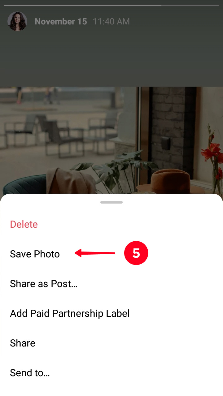 Choosing Save Photo in the Instagram story menu