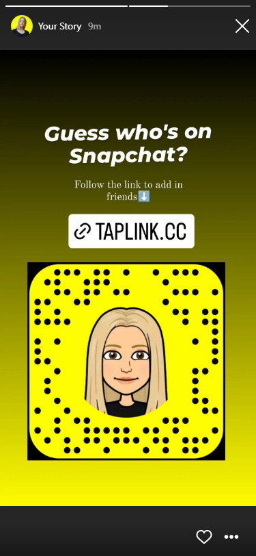 Instagram story with added Snapchat QR code and a clickable link sticker