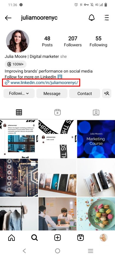 Tautan LinkedIn yang disorot di bio Instagram
