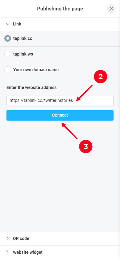 Writing the unique part of the page URL and tapping the Connect button