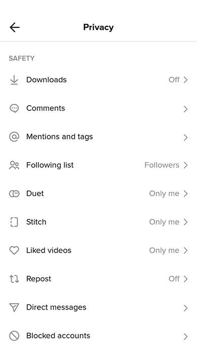 Safety privacy settings in the TikTok app