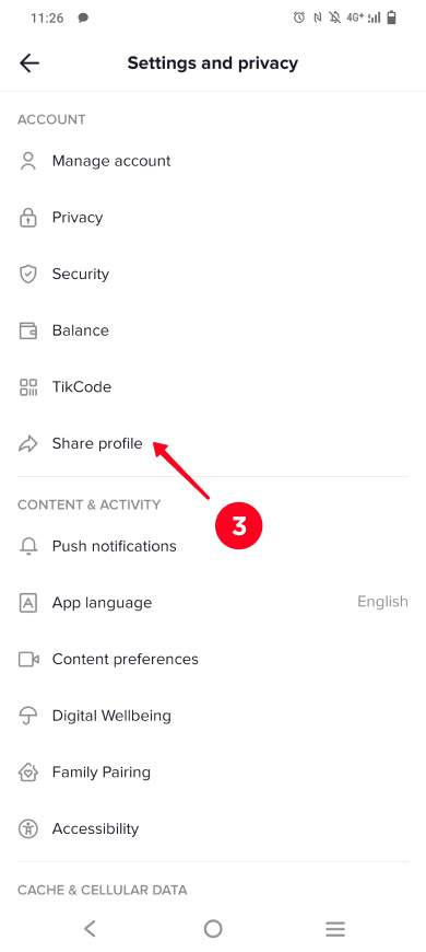 Choosing Share profile on the list of account options