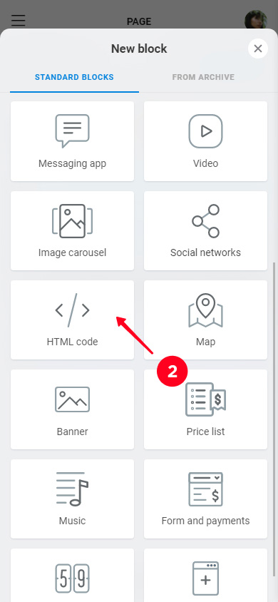 Choosing HTML on the list of Taplink blocks