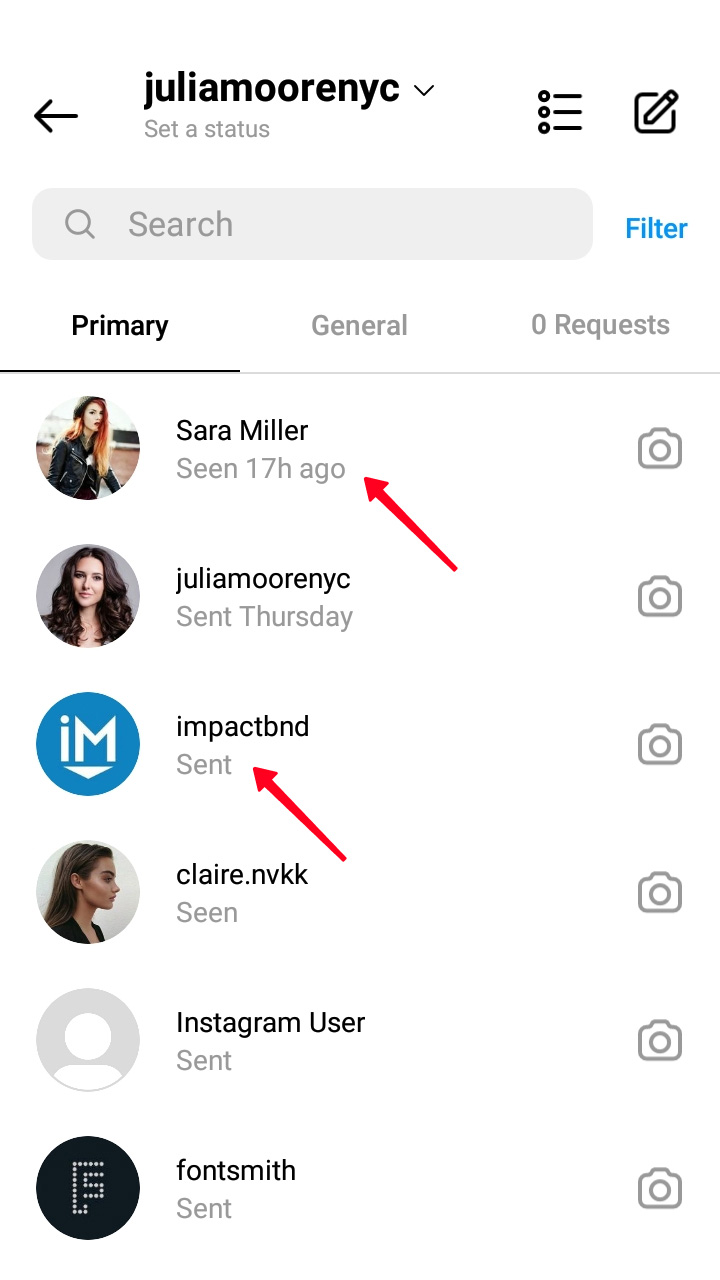 Highlighted “Seen 17h ago” and “Send” statuses in Instagram Direct