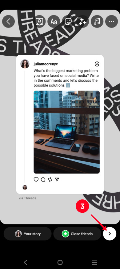 Tapping the continue button in the Instagram Stories posting menu
