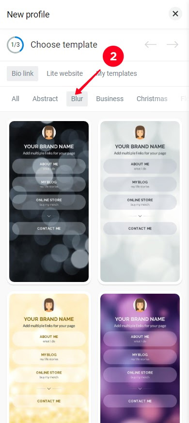 Choosing the Blur tab in the Taplink page template library