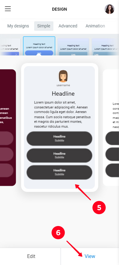 Choosing a page theme and tapping view in the Taplink theme library