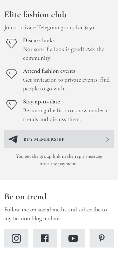 Bottom of the Taplink page of the fashion blogger