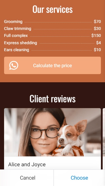 Un listino prezzi su un sito web di un salone per animali domestici realizzato con un template Taplink