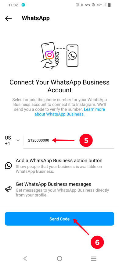 Connecting a phone number in the Instagram WhatsApp button settings
