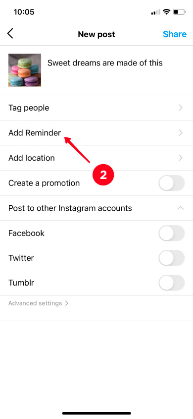 Choosing Add reminder in the New post settings in the Instagram app