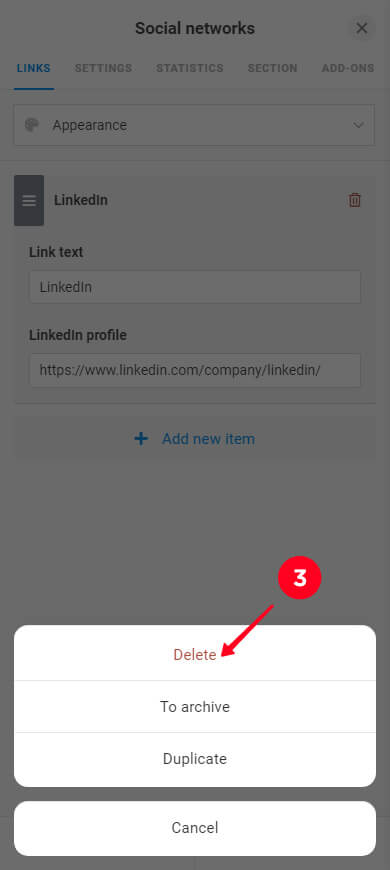Selecting Delete in the popup menu in the Social networks block settings