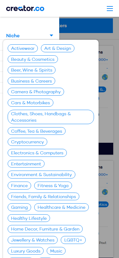 The list of niches for sorting collaboration offers on Creator.co