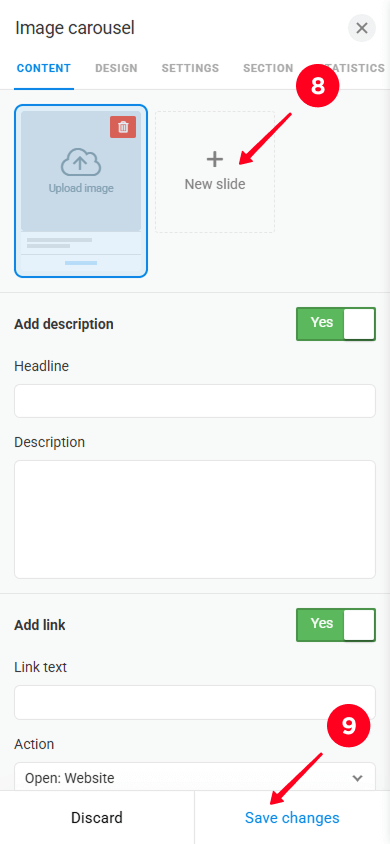Tapping New slide and the Save changes button in the Image carousel settings