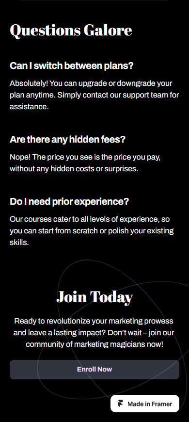 FAQ section on a Framer website generated by AI