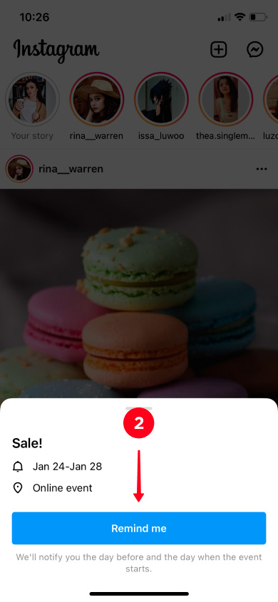 Tapping Remind me in the pop-up window in the Instagram feed